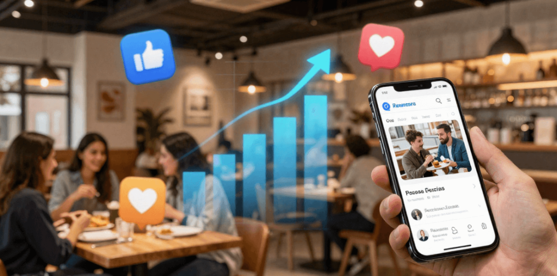 Imagen moderna y profesional para un artículo de marketing en hostelería. Un restaurante contemporáneo lleno de clientes, con elementos digitales flotando: iconos de redes sociales, gráficos de crecimiento, reseñas, asistentes de IA y un móvil mostrando una web de restaurante. Estilo limpio, luminoso, colores cálidos, estética premium y enfoque en tecnología + gastronomía.