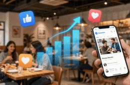 Imagen moderna y profesional para un artículo de marketing en hostelería. Un restaurante contemporáneo lleno de clientes, con elementos digitales flotando: iconos de redes sociales, gráficos de crecimiento, reseñas, asistentes de IA y un móvil mostrando una web de restaurante. Estilo limpio, luminoso, colores cálidos, estética premium y enfoque en tecnología + gastronomía.
