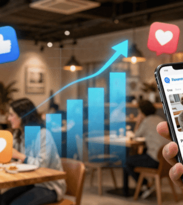 Imagen moderna y profesional para un artículo de marketing en hostelería. Un restaurante contemporáneo lleno de clientes, con elementos digitales flotando: iconos de redes sociales, gráficos de crecimiento, reseñas, asistentes de IA y un móvil mostrando una web de restaurante. Estilo limpio, luminoso, colores cálidos, estética premium y enfoque en tecnología + gastronomía.