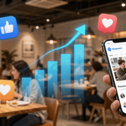Imagen moderna y profesional para un artículo de marketing en hostelería. Un restaurante contemporáneo lleno de clientes, con elementos digitales flotando: iconos de redes sociales, gráficos de crecimiento, reseñas, asistentes de IA y un móvil mostrando una web de restaurante. Estilo limpio, luminoso, colores cálidos, estética premium y enfoque en tecnología + gastronomía.